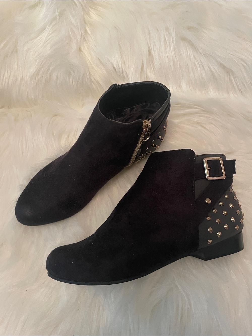 Studded Black Suede Ankle Booties with Buckle Detail - 7